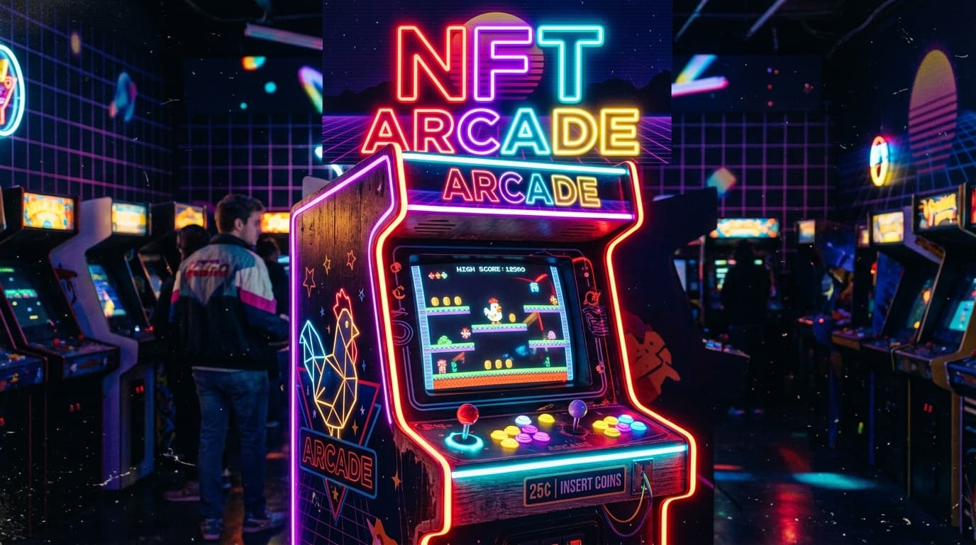 The NFT ARCADE: a neon Chikin Lady arcade cabinet